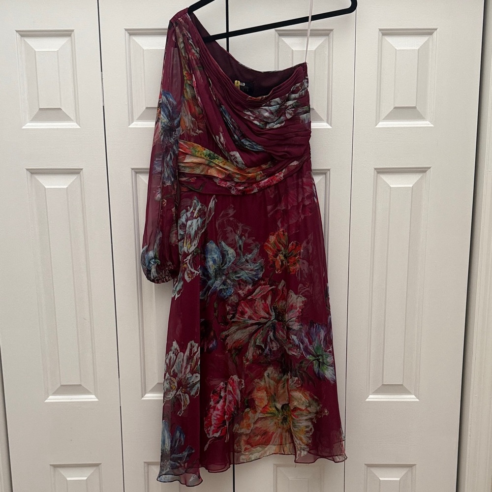 Elegant Burgundy Floral One-Shoulder Dress